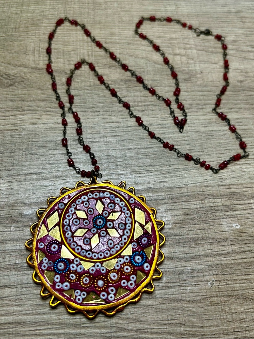 Vintage 70s Indian Clay, Mosaic Bead & Mirror Medallion Pendant Made in India - Picture 4 of 7